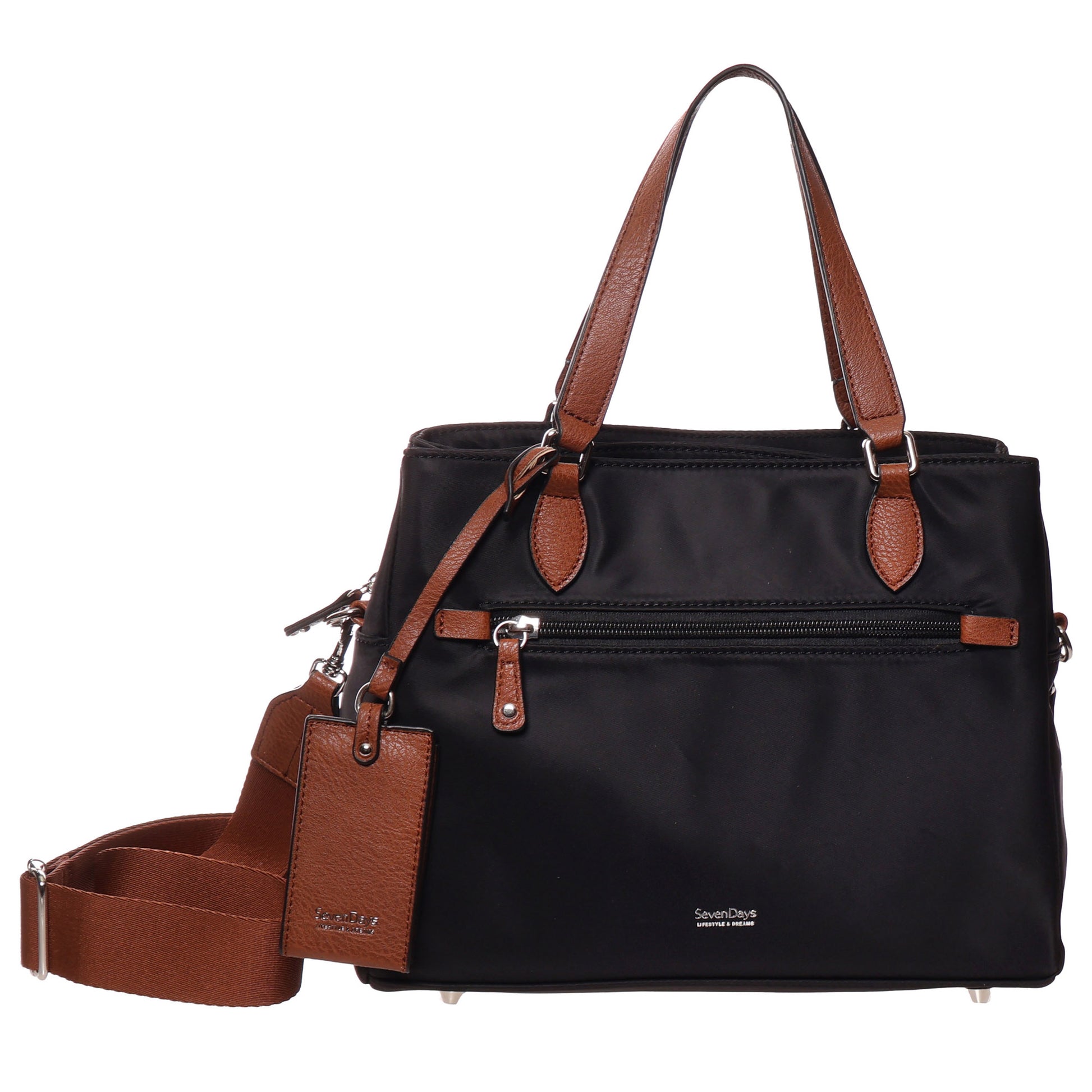 Seven Days Albizia Nylon Tote: black nylon bag with brown handles, crossbody strap, zip pocket & luggage tag.
