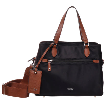 Seven Days Albizia Nylon Tote: black nylon bag with brown handles, crossbody strap, zip pocket & luggage tag.