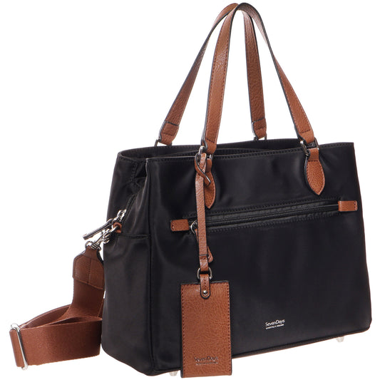Product Image – Seven Days Albizia Nylon Tote: black with brown trim, front zip pocket, and crossbody strap for daily use.