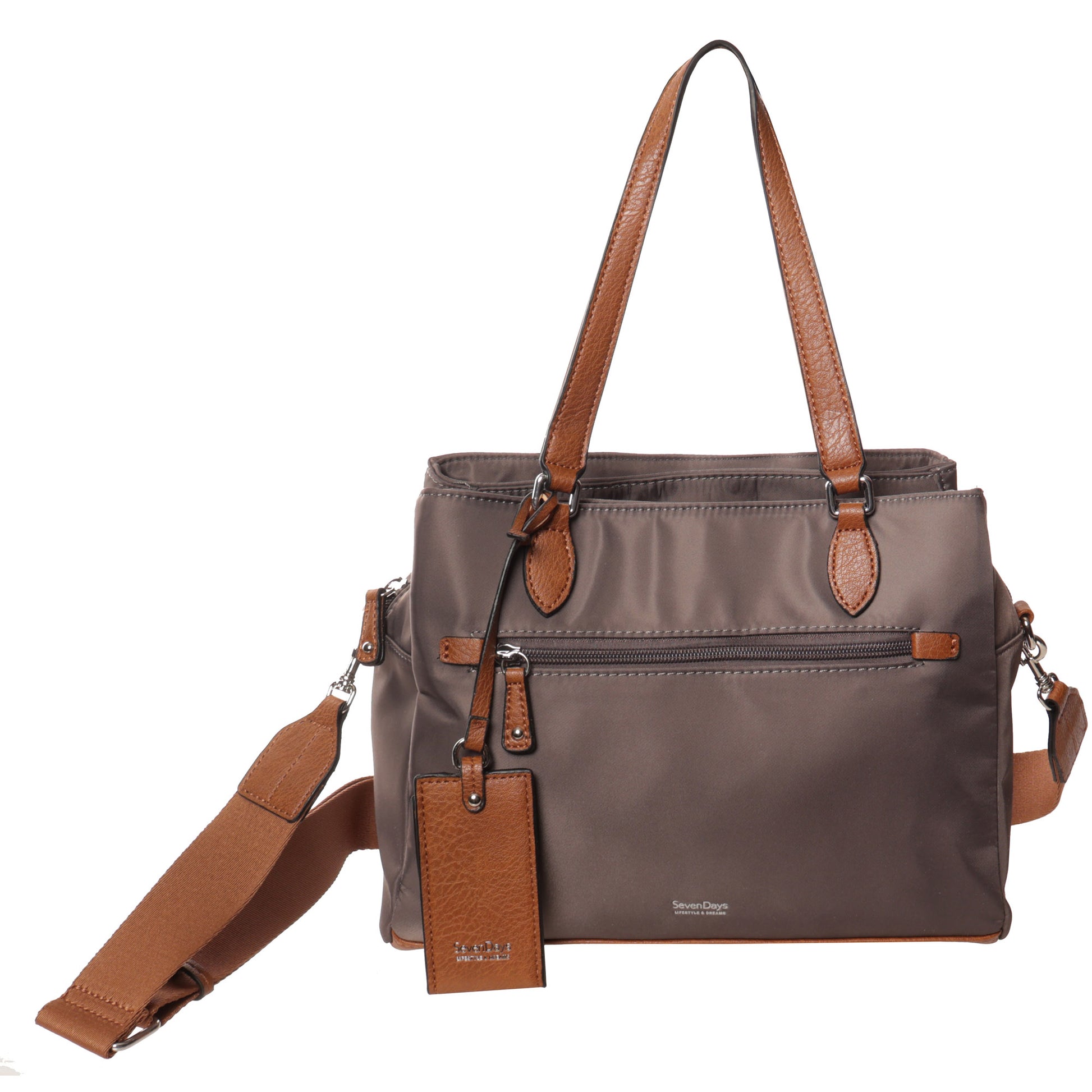 Seven Days Albizia Nylon Tote in brown/gray with top handles, shoulder and crossbody straps, and front zip pocket.