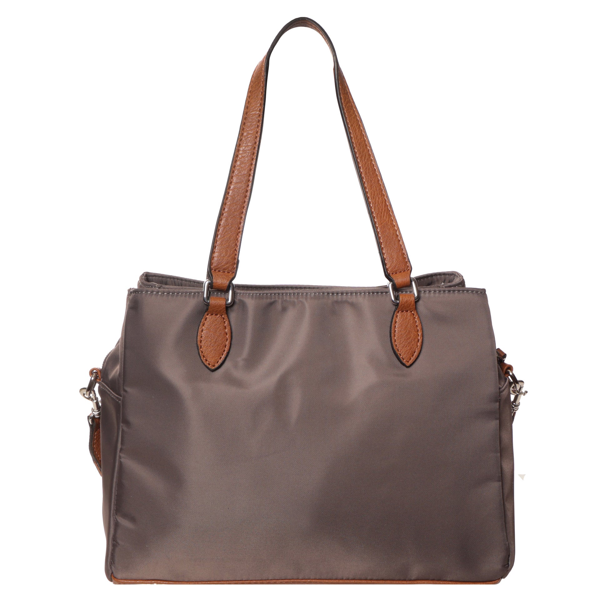 Seven Days Albizia Nylon Tote in gray with brown leather handles and trim, shown on a white background.