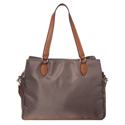 Seven Days Albizia Nylon Tote in gray with brown leather handles and trim, shown on a white background.
