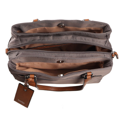 Top view of Seven Days Albizia Nylon Tote with multiple compartments, luggage tag, and crossbody strap.