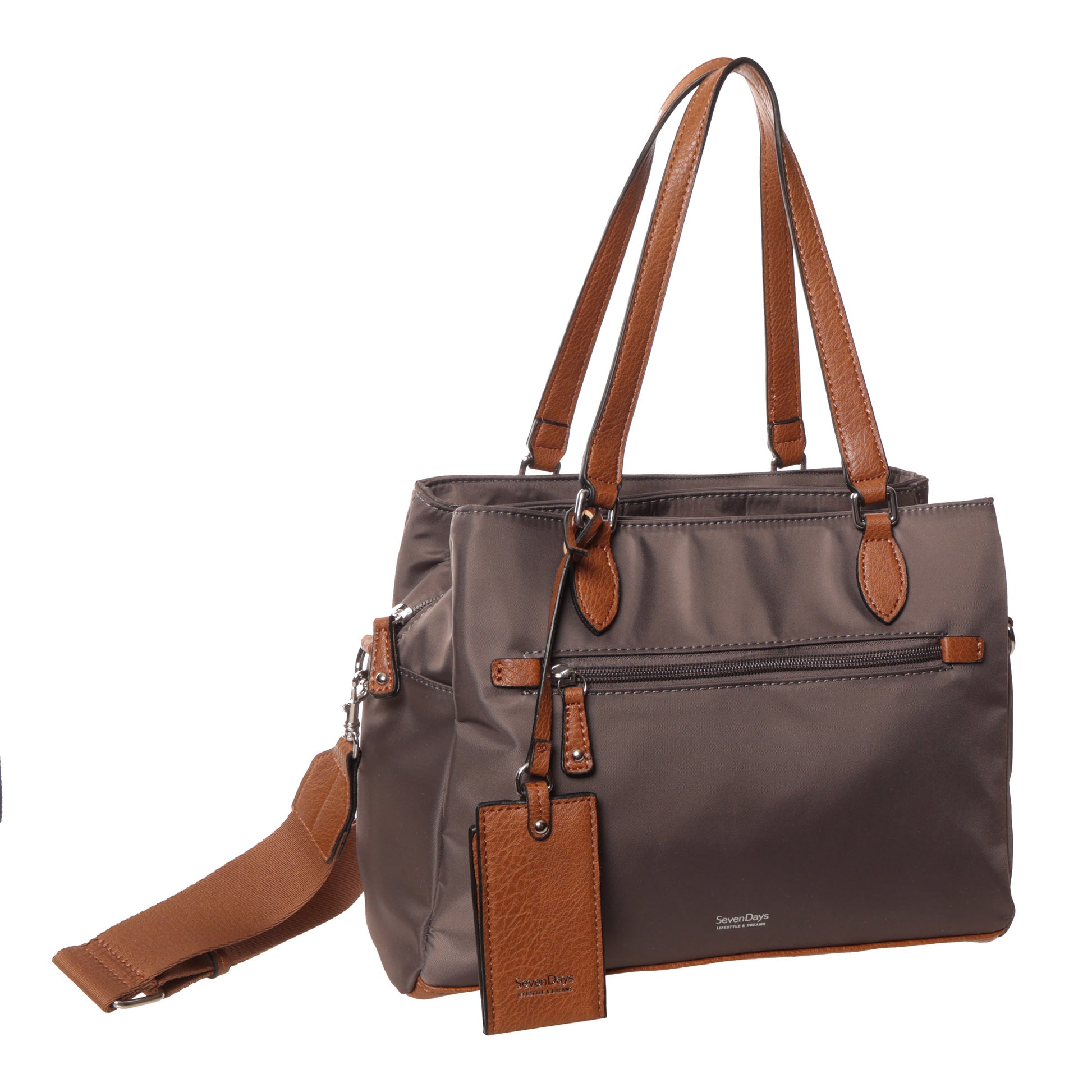 Seven Days Albizia Nylon Tote in brown and gray with dual handles, crossbody strap, and front zipper pocket.