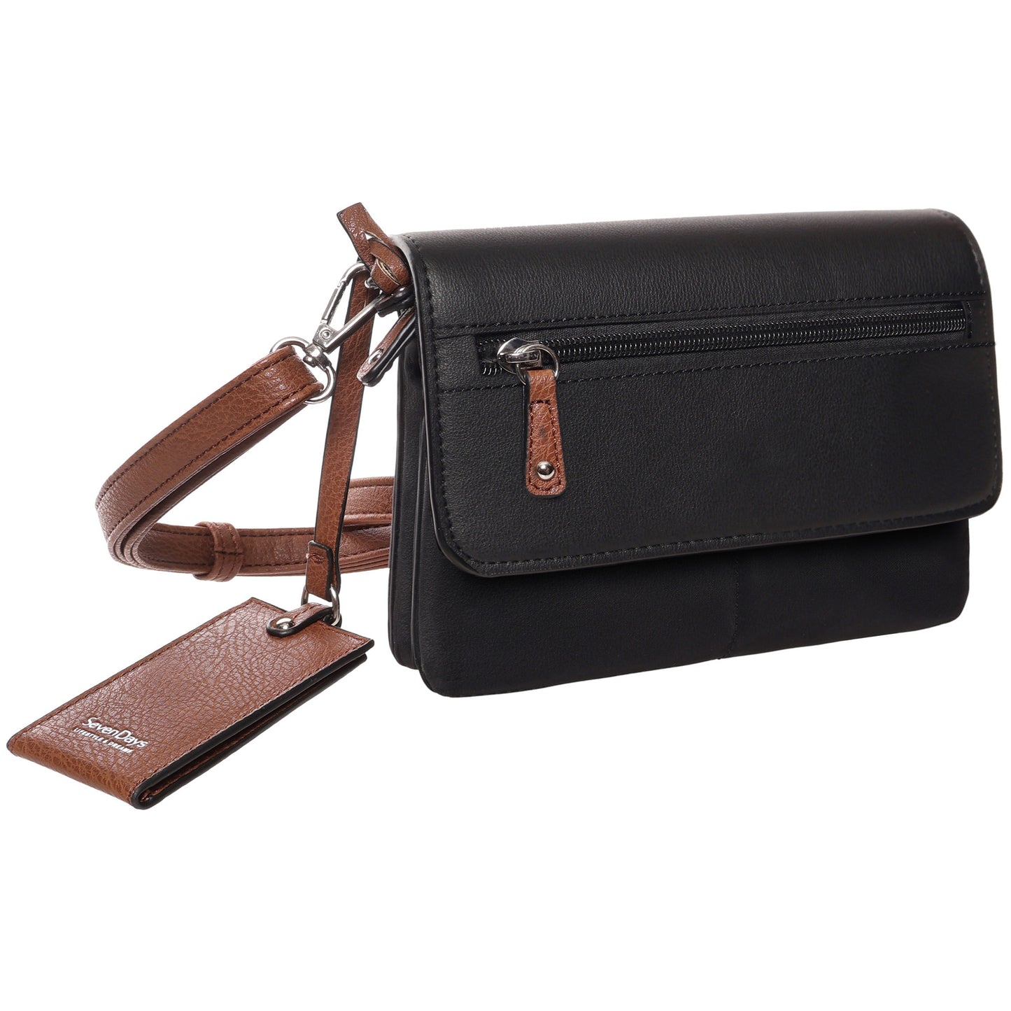 Seven Days Benji RFID Crossbody: black leather bag with front zip pocket, brown strap & tag accents.