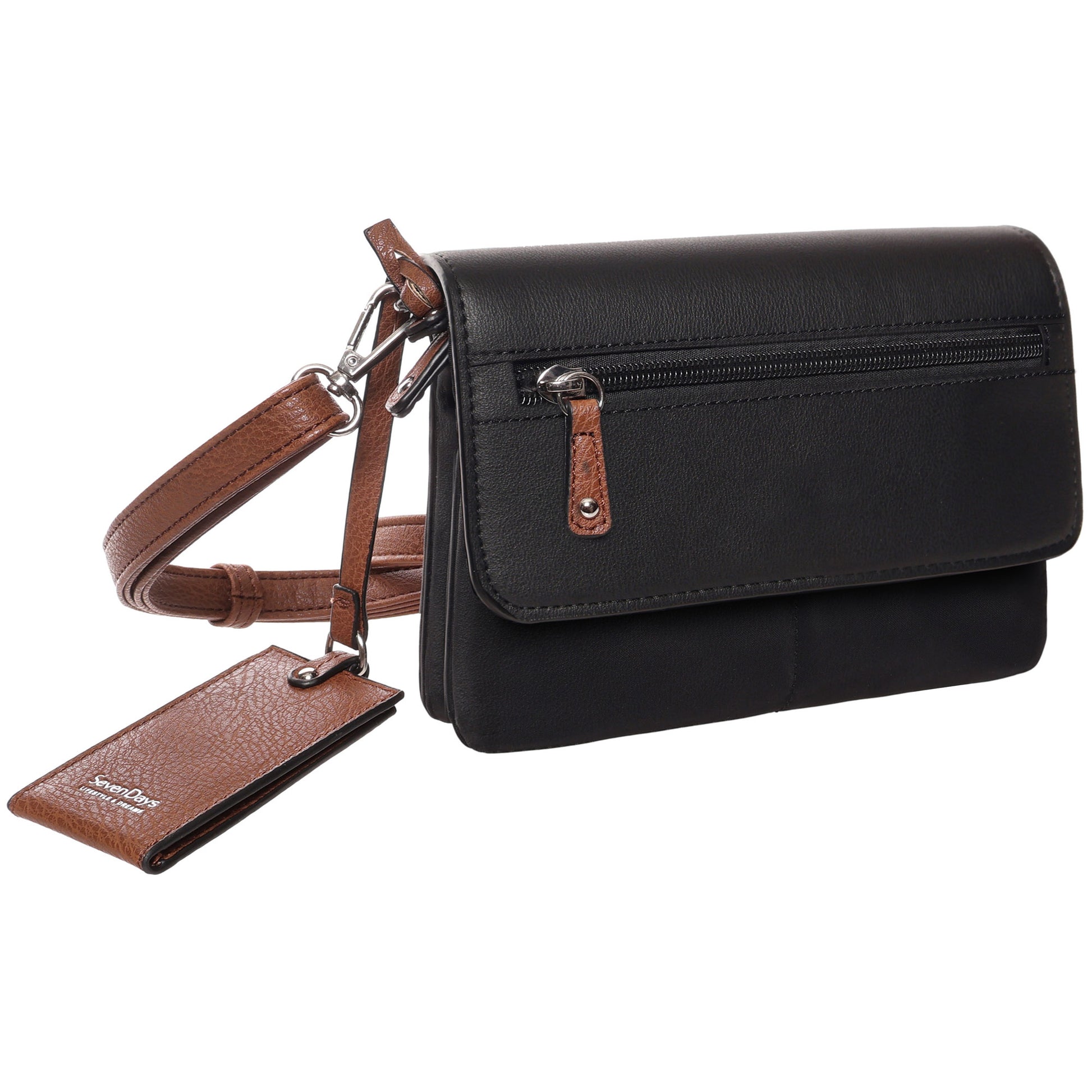 Seven Days Benji RFID Crossbody: black leather bag with front zip pocket, brown strap & tag accents.