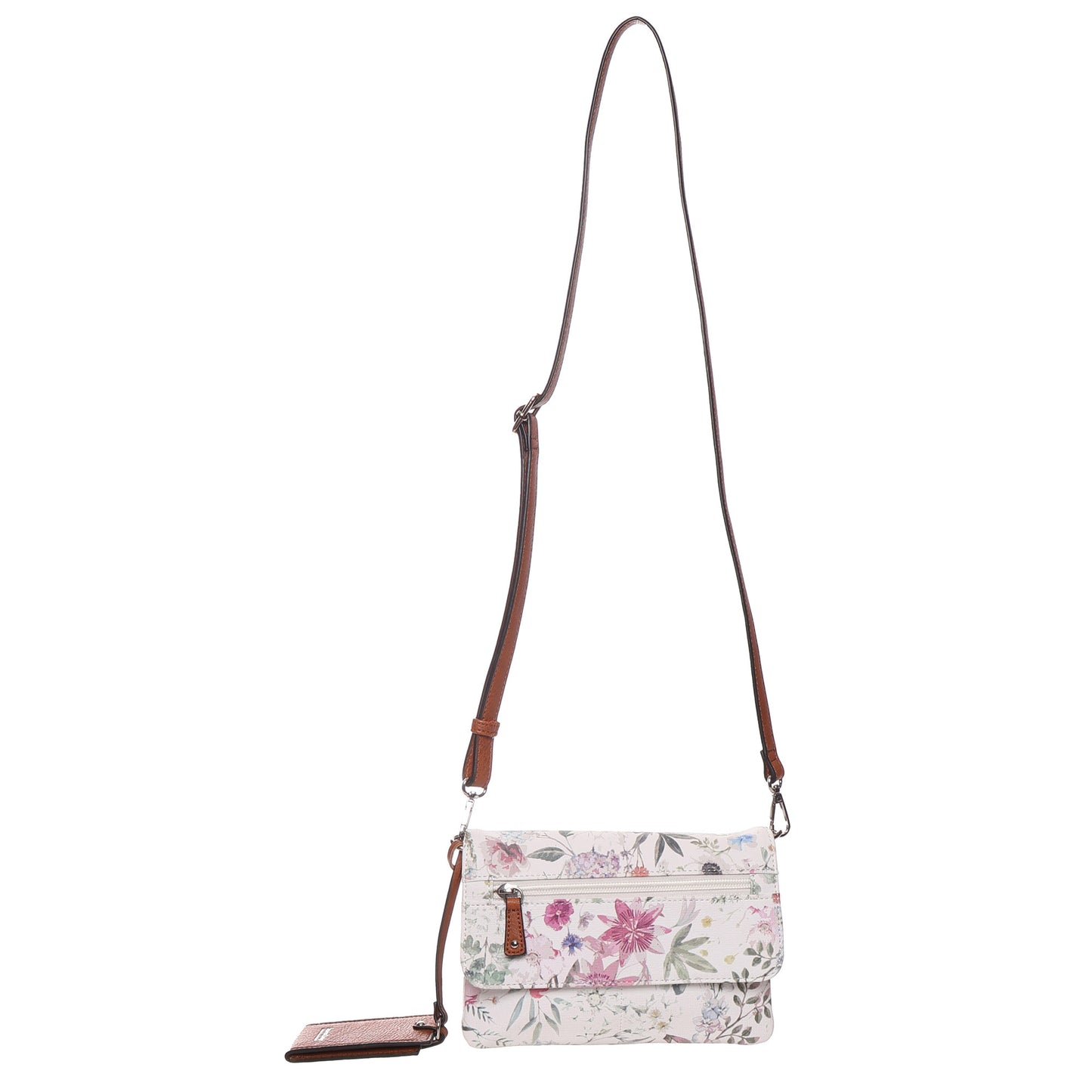 Seven Days Benji RFID Crossbody in white floral with brown adjustable strap, by Seven Days.
