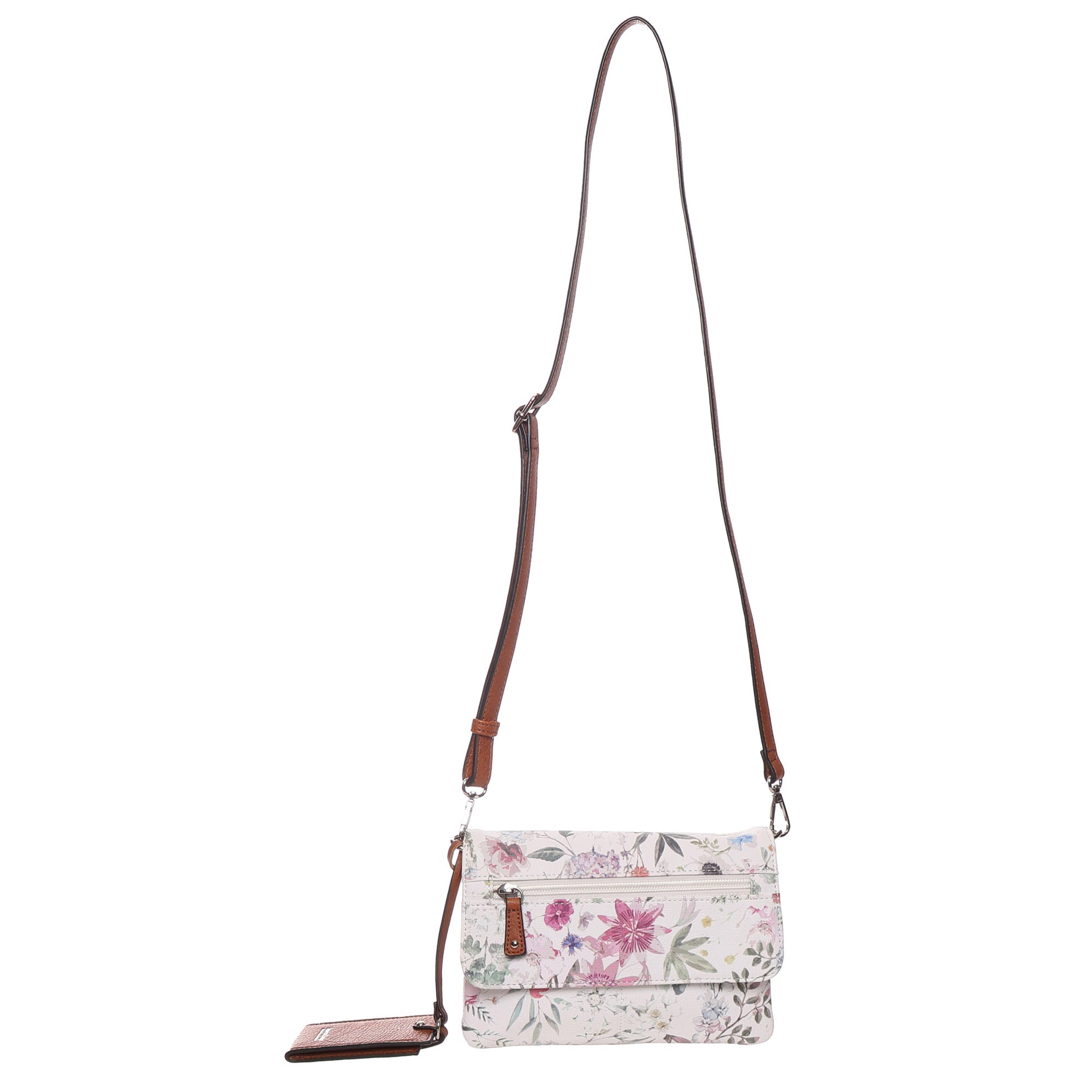 Seven Days Benji RFID Crossbody in white floral with brown adjustable strap, by Seven Days.
