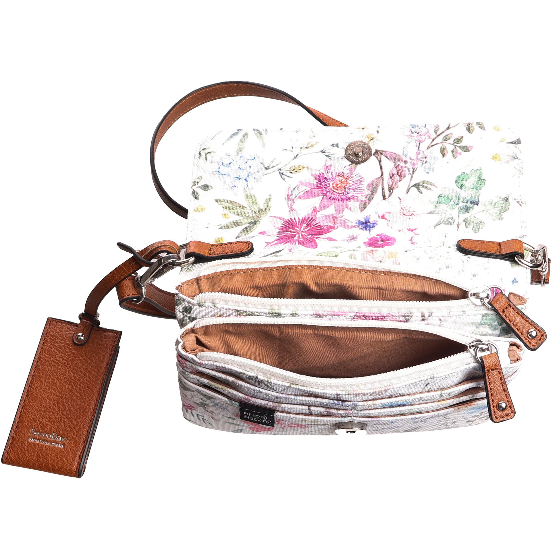Seven Days Benji RFID Crossbody in floral, featuring two zip compartments and brown leather tag, shown open.