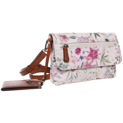Seven Days Benji RFID Crossbody in white floral with brown strap and cardholder, shown on white background.