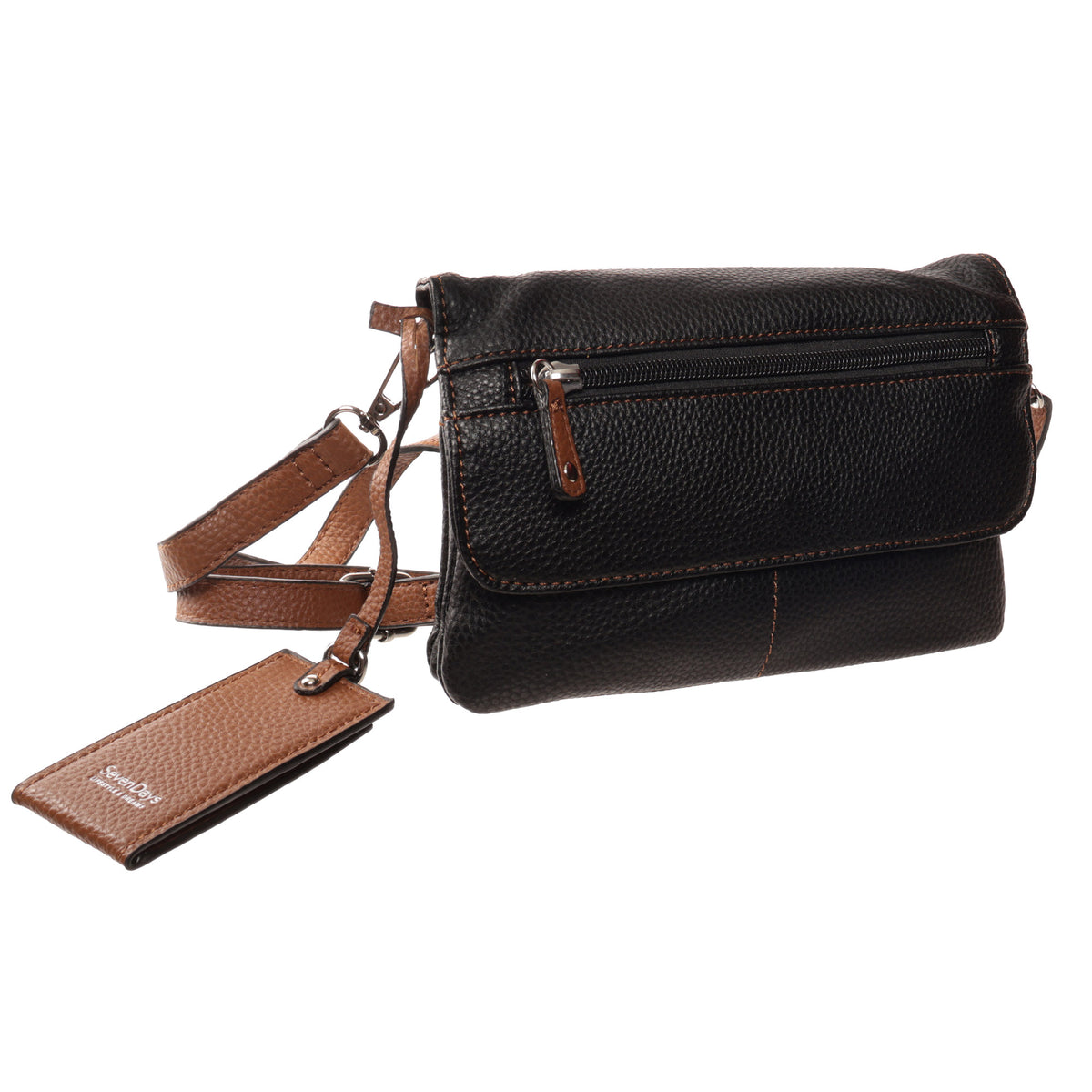 Seven Days Ivory Poplar Vegan Leather Crossbody with front zipper pocket and brown adjustable strap.