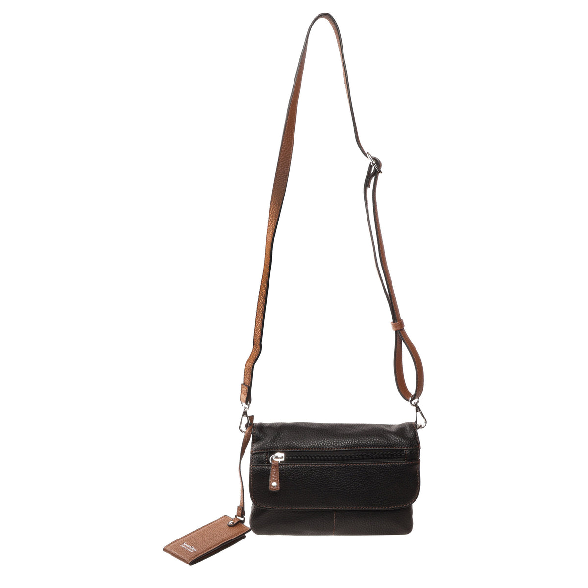 Seven Days Ivory Poplar vegan leather crossbody with brown adjustable strap and front zipper pocket.
