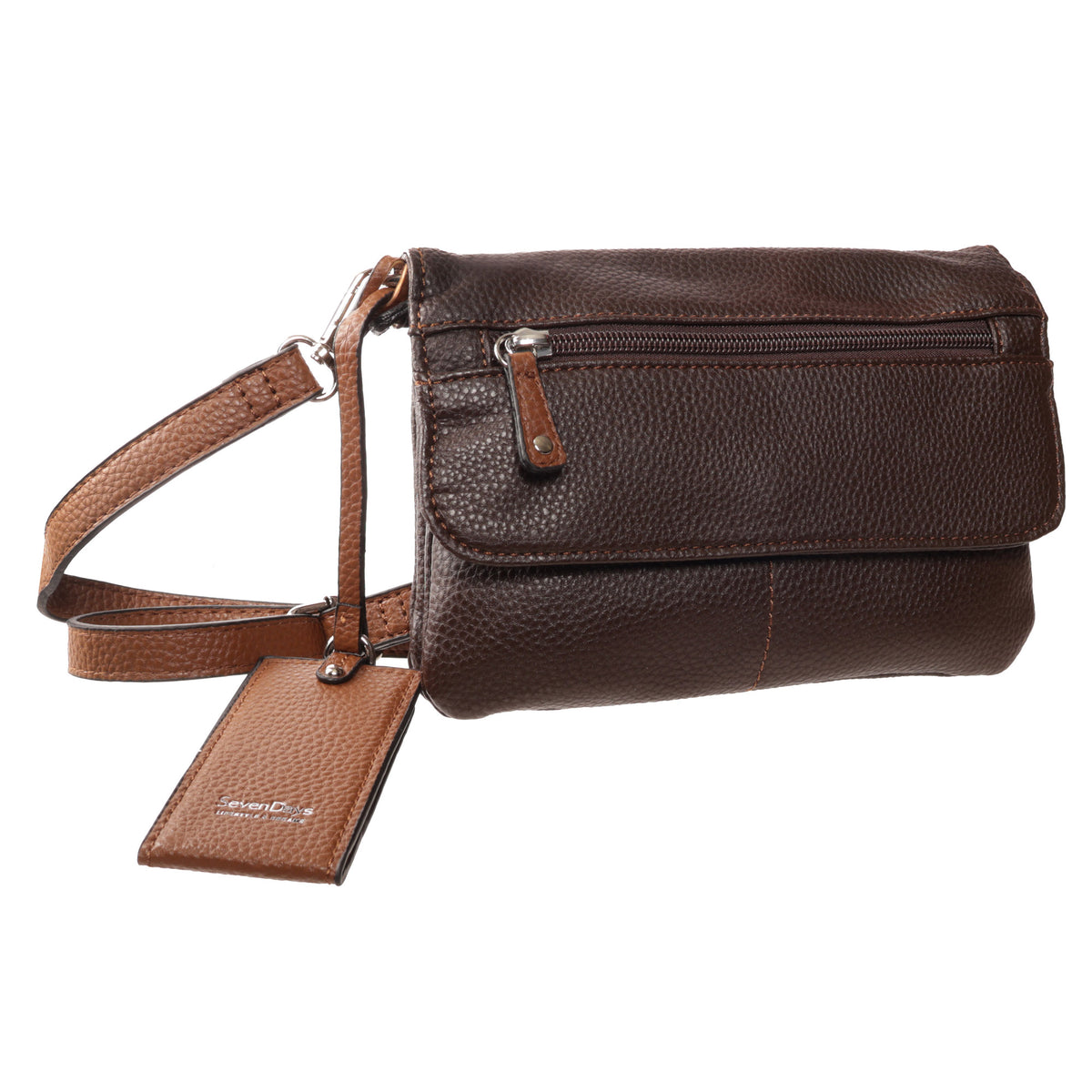 Seven Days Ivory Poplar vegan leather crossbody wristlet with front zipper pocket, shown on white background.