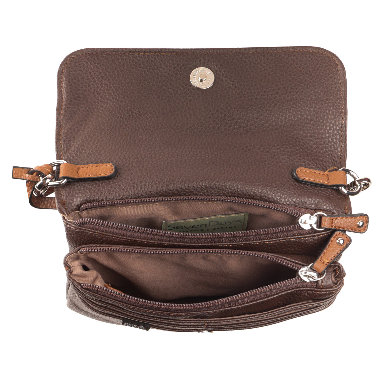 Seven Days Ivory Poplar Vegan crossbody with zip pocket, fabric lining, and adjustable strap.