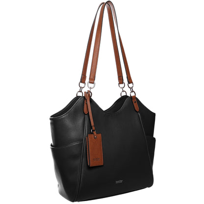 Seven Days Ficus RFID Tote: black leather, brown double handles, side pockets, smart organization for security.