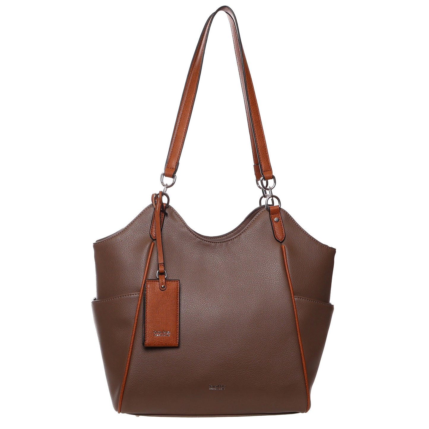 Seven Days Ficus RFID Tote: brown leather bag with double straps, side pockets, and smart organization.
