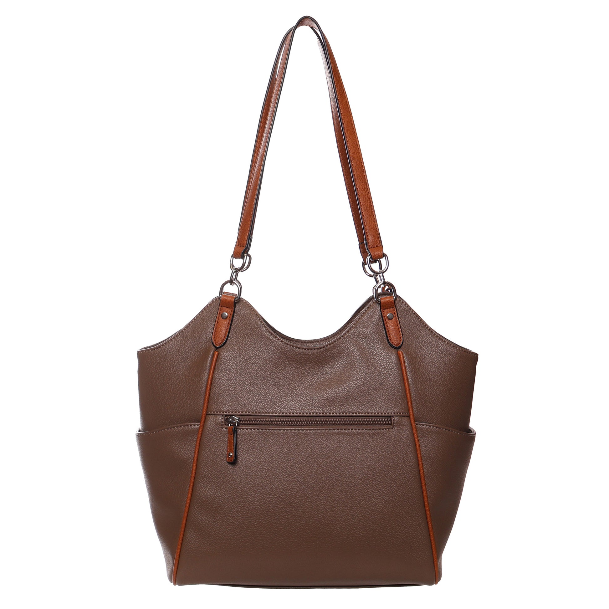Seven Days Ficus RFID Tote in brown leather with double straps, smart organization, and zipper pockets.