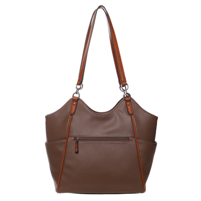 Seven Days Ficus RFID Tote in brown leather with double straps, smart organization, and zipper pockets.