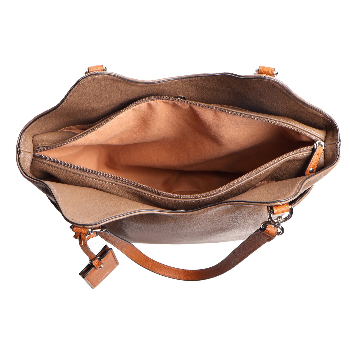 Top view of Seven Days Ficus RFID Tote, a brown leather bag with zippered inner pocket for organization.