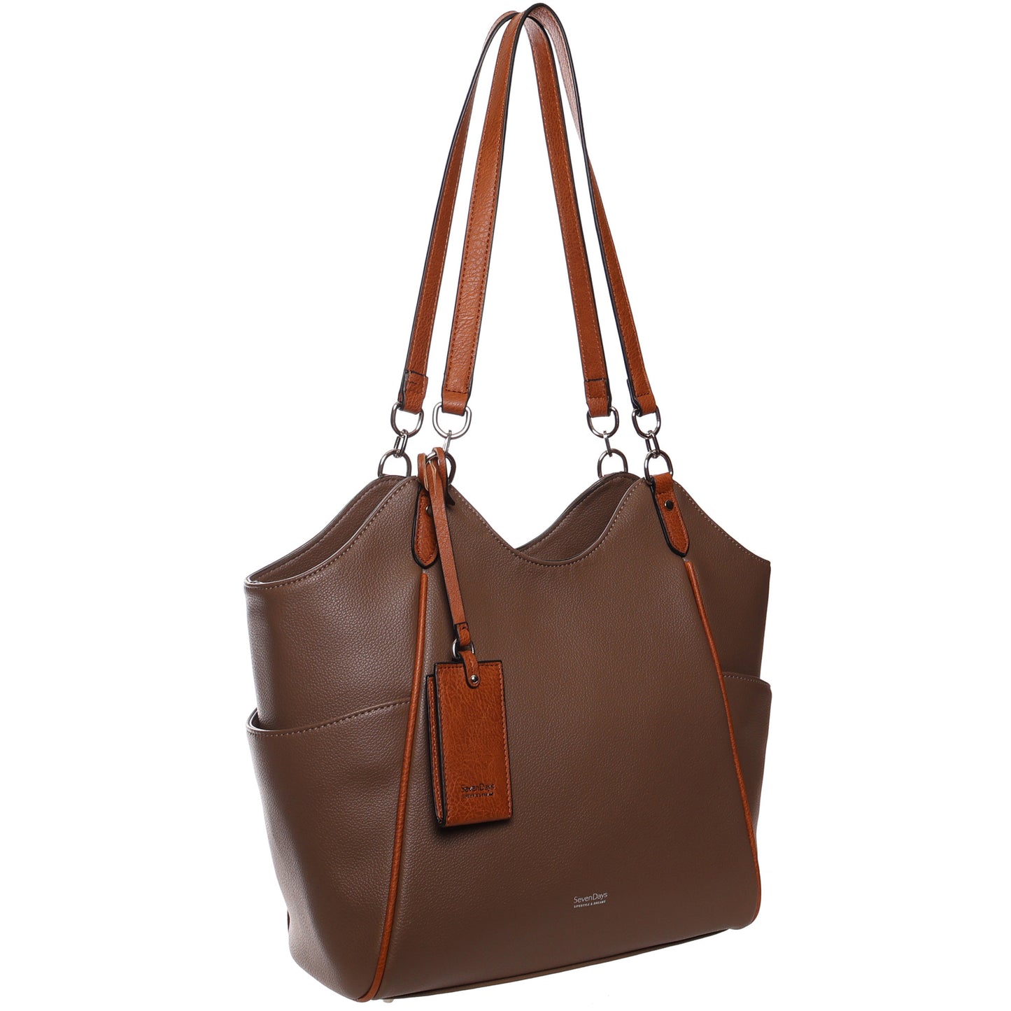 Seven Days Ficus RFID Tote: Brown leather bag with double handles, side pockets, and a smart luggage tag.