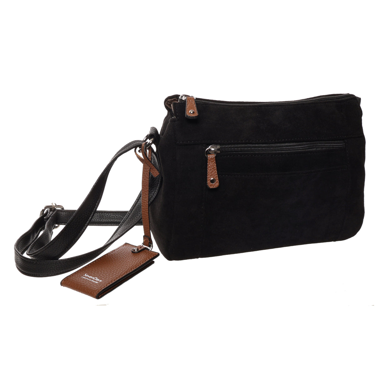 Seven Days Black Ash Faux Suede Crossbody with brown zipper pulls and luggage tag for everyday use.