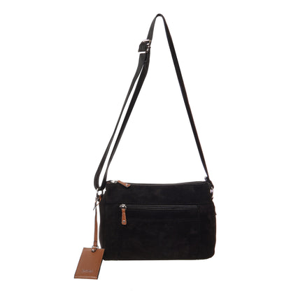 Seven Days Black Ash Faux Suede Crossbody with adjustable strap and front zipper pocket for daily essentials.