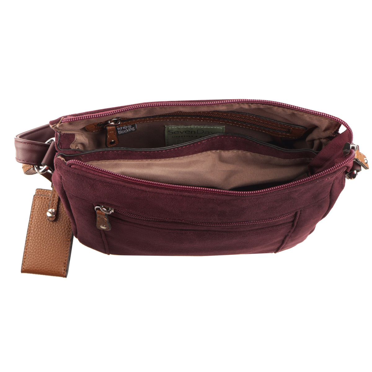 Seven Days Black Ash crossbody in faux suede with tan interior, zip pocket, and brown leather keychain.