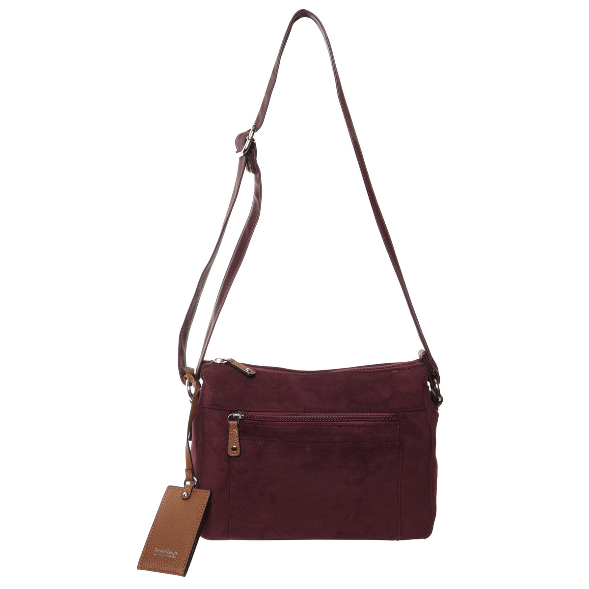 Seven Days Black Ash Faux Suede Crossbody with zip pocket, adjustable strap, and brown leather tag.