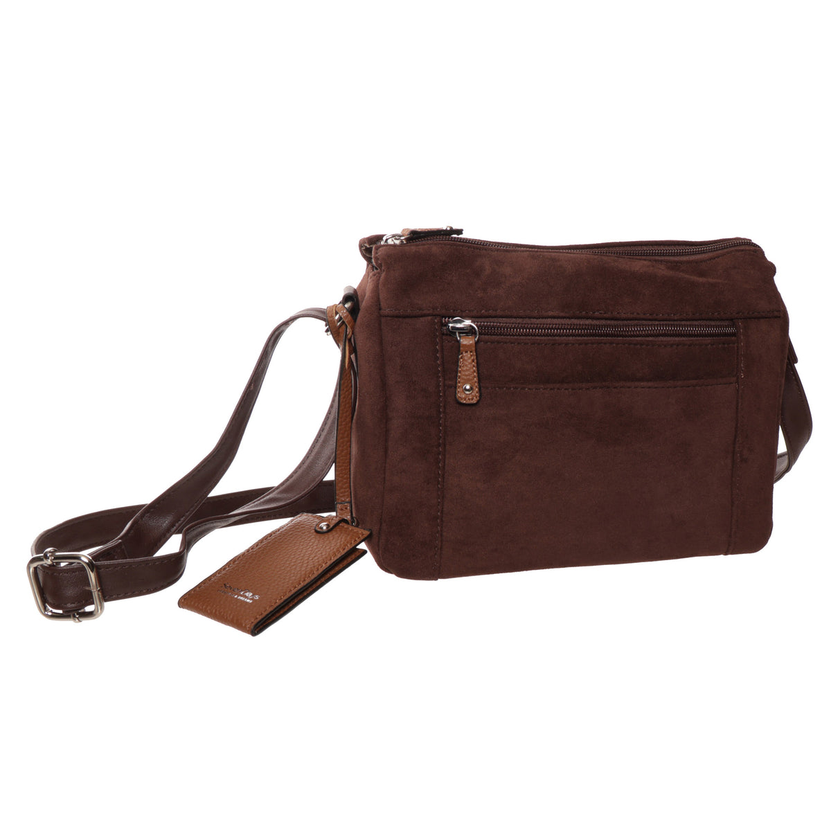 Seven Days Black Ash Faux Suede Crossbody, leather strap, zipper pocket & luggage tag—perfect for daily use.