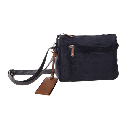 Seven Days Black Ash Faux Suede Crossbody with front zip pocket, leather strap, and brown leather tag.