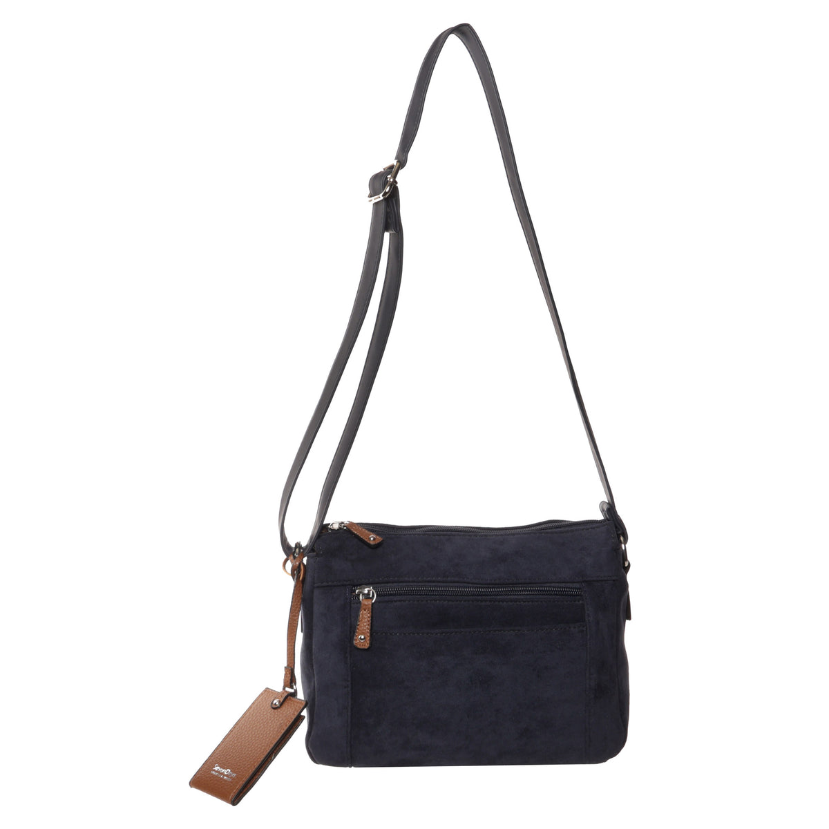 Seven Days Black Ash Faux Suede Crossbody with brown leather pulls, adjustable strap, on white background.