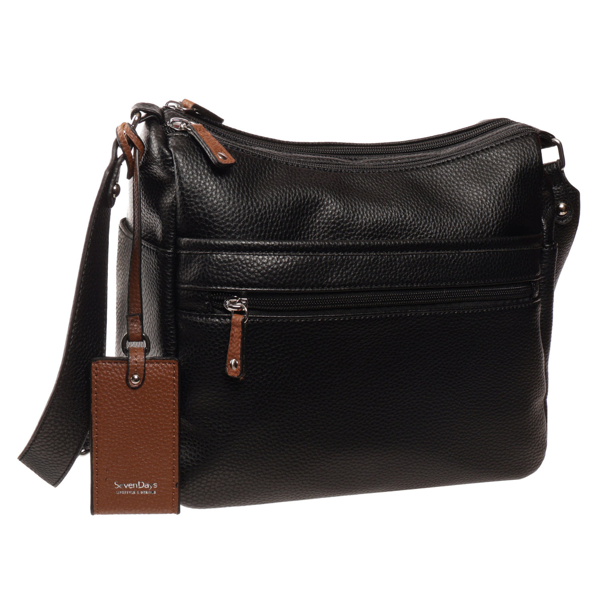Seven Days Bloodwood Vegan Leather Crossbody with silver zippers, brown tag, and adjustable strap on white.