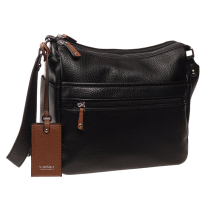 Seven Days Bloodwood Vegan Leather Crossbody with silver zippers, brown tag, and adjustable strap on white.