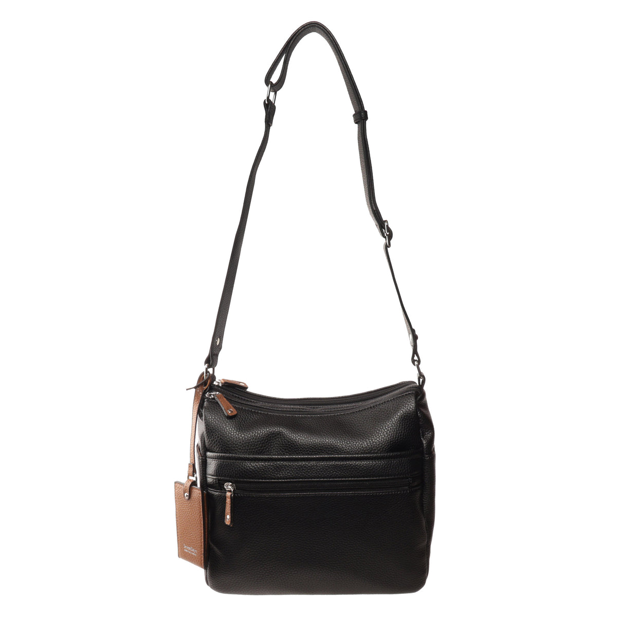 Seven Days Bloodwood Vegan Leather Crossbody with adjustable strap, 2 zip pockets, and brown tag.