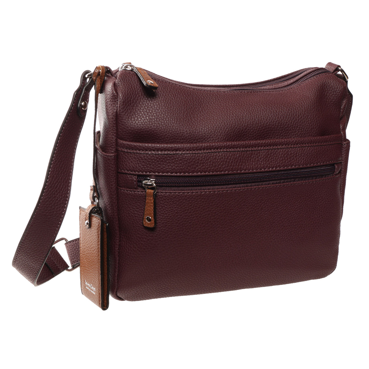 Seven Days Bloodwood Vegan Leather Crossbody in maroon with zip pocket, adjustable strap, and brown tag.