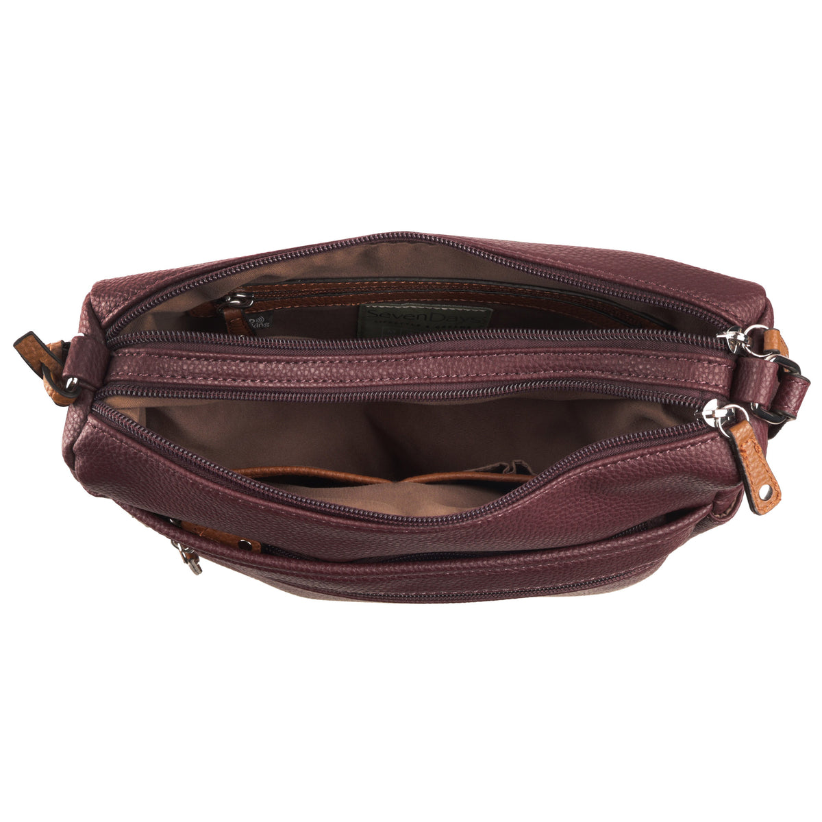Top view: Seven Days Bloodwood Vegan Leather Crossbody with compartments and adjustable strap.