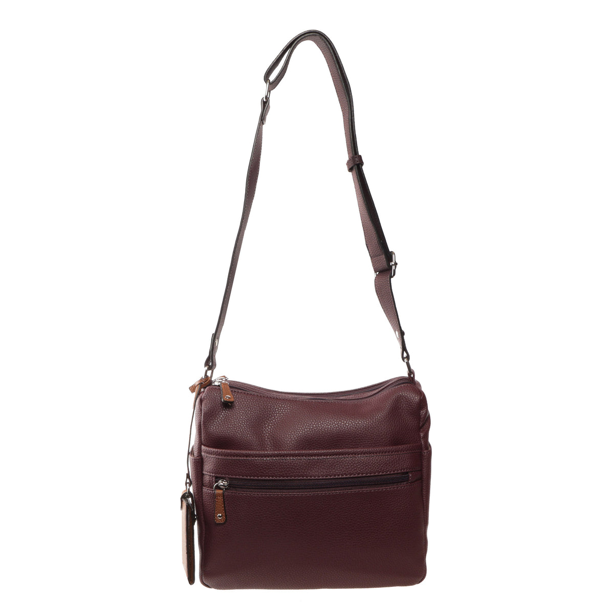Seven Days Bloodwood Vegan Leather Crossbody with zip pockets and adjustable strap, in dark brown.