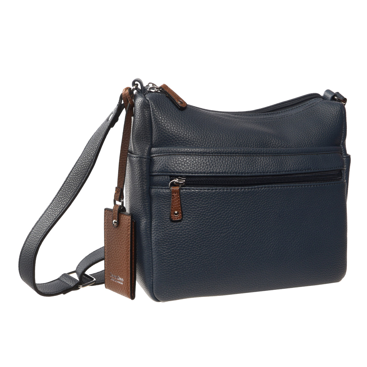 Seven Days Bloodwood Vegan Leather Crossbody in dark blue with front zip, brown tag, and adjustable strap.