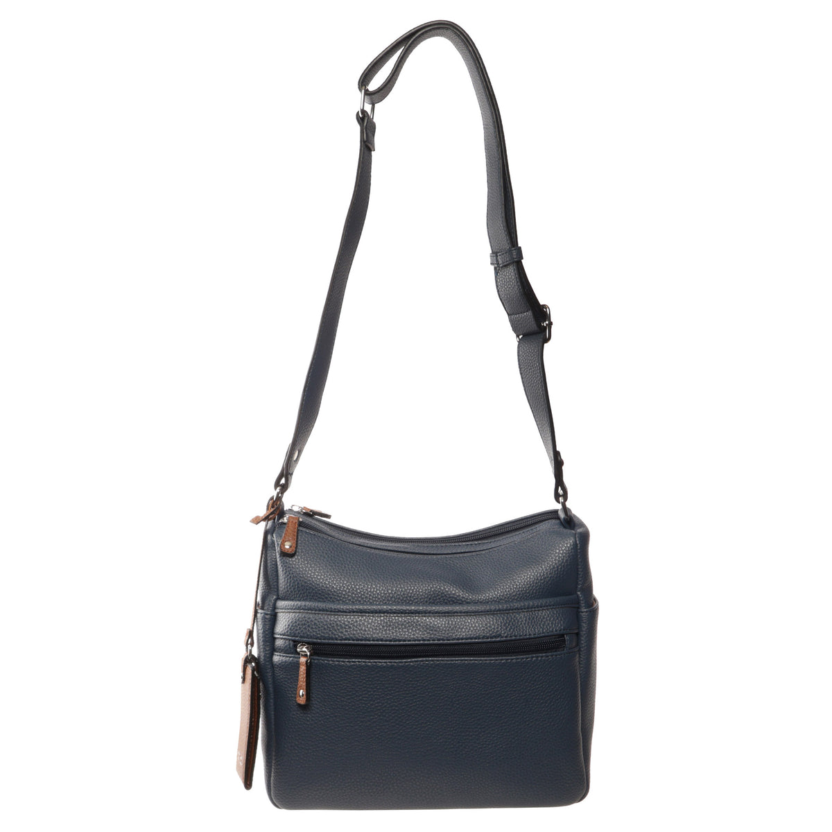 Seven Days Bloodwood vegan leather crossbody with zip pocket, adjustable strap, on a white background.