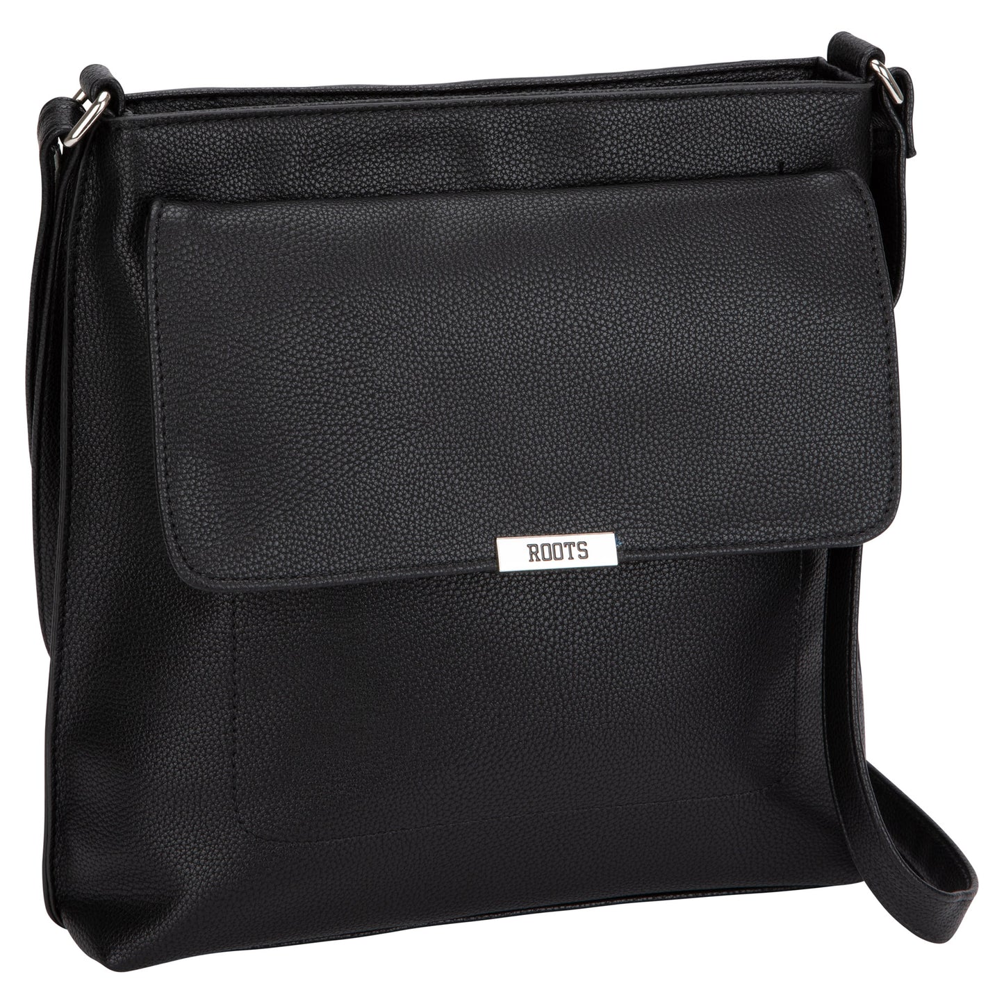 The Roots Faux Leather Crossbody Bag features a front flap, metal label, and adjustable strap.