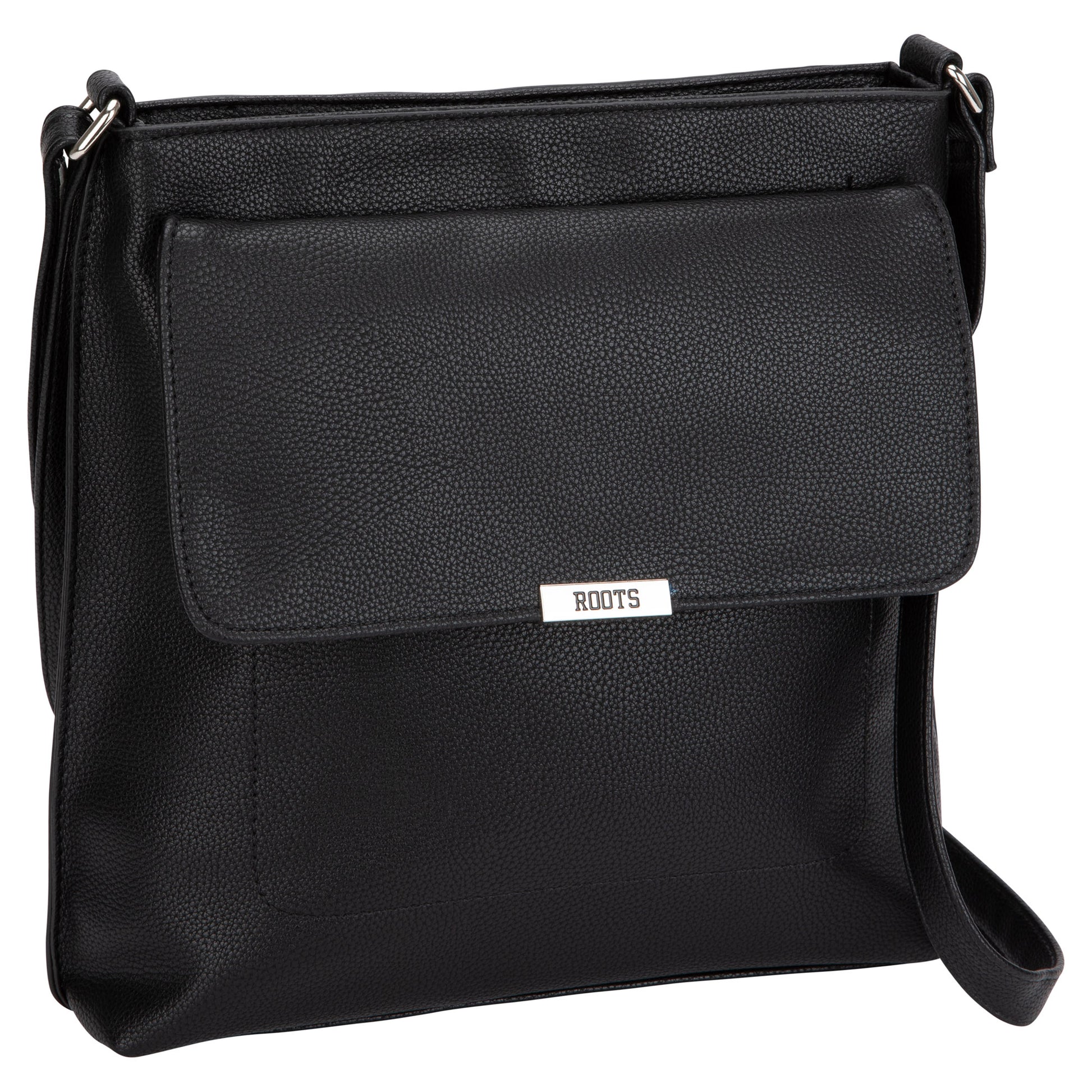 The Roots Faux Leather Crossbody Bag features a front flap, metal label, and adjustable strap.