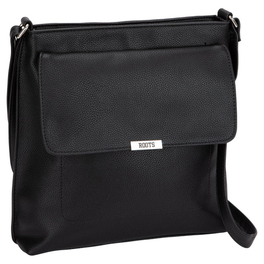 Product Image – The Roots Faux Leather Crossbody Bag features a front flap, metal label, and adjustable strap.