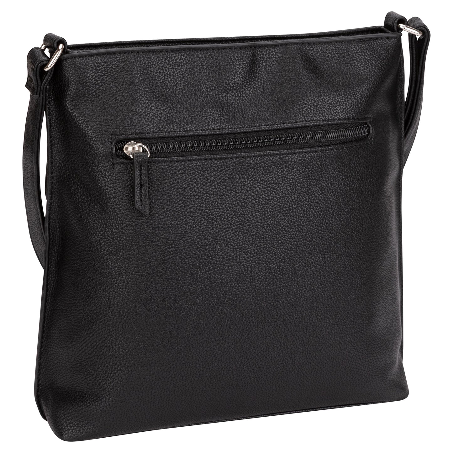 Roots Faux Leather Crossbody Bag with adjustable strap and external zip pocket, shown in black.