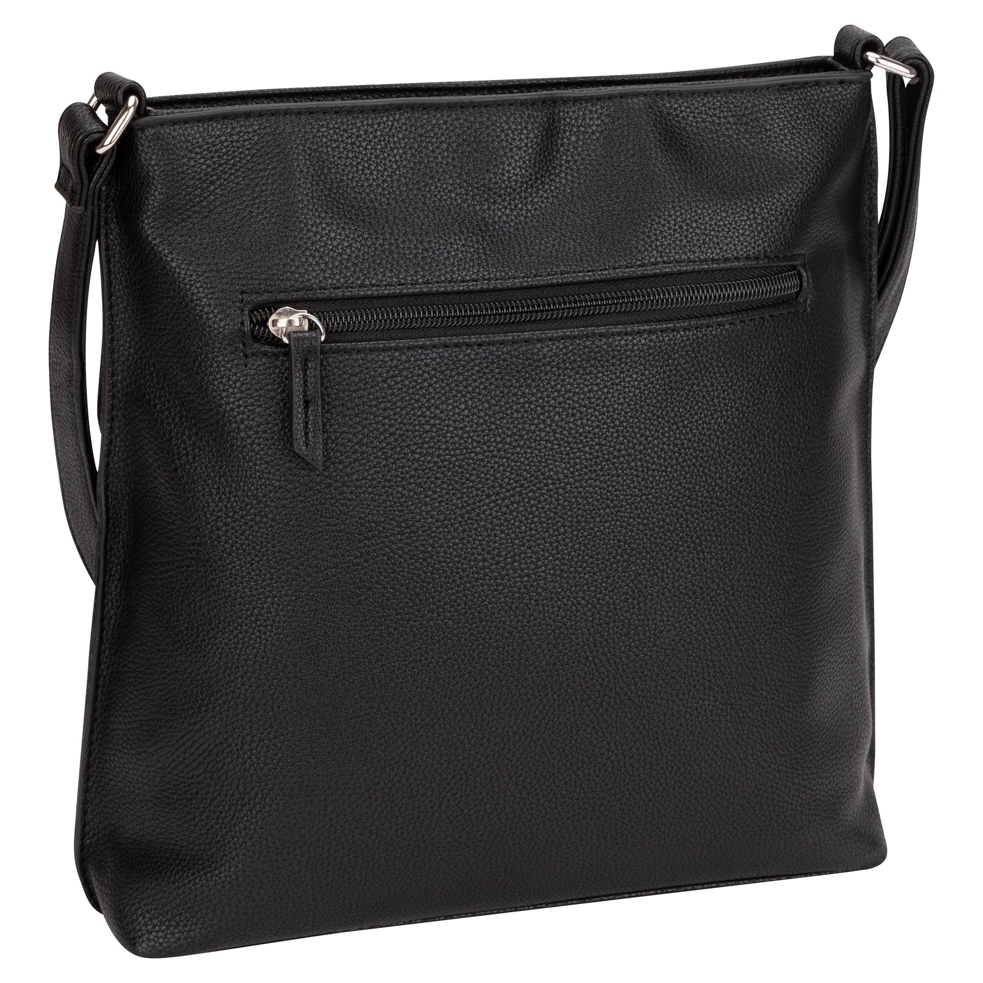 Roots Faux Leather Crossbody Bag with adjustable strap and external zip pocket, shown in black.