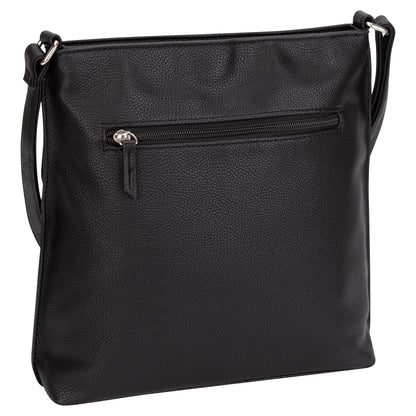 Roots Faux Leather Crossbody Bag with adjustable strap and external zip pocket, shown in black.