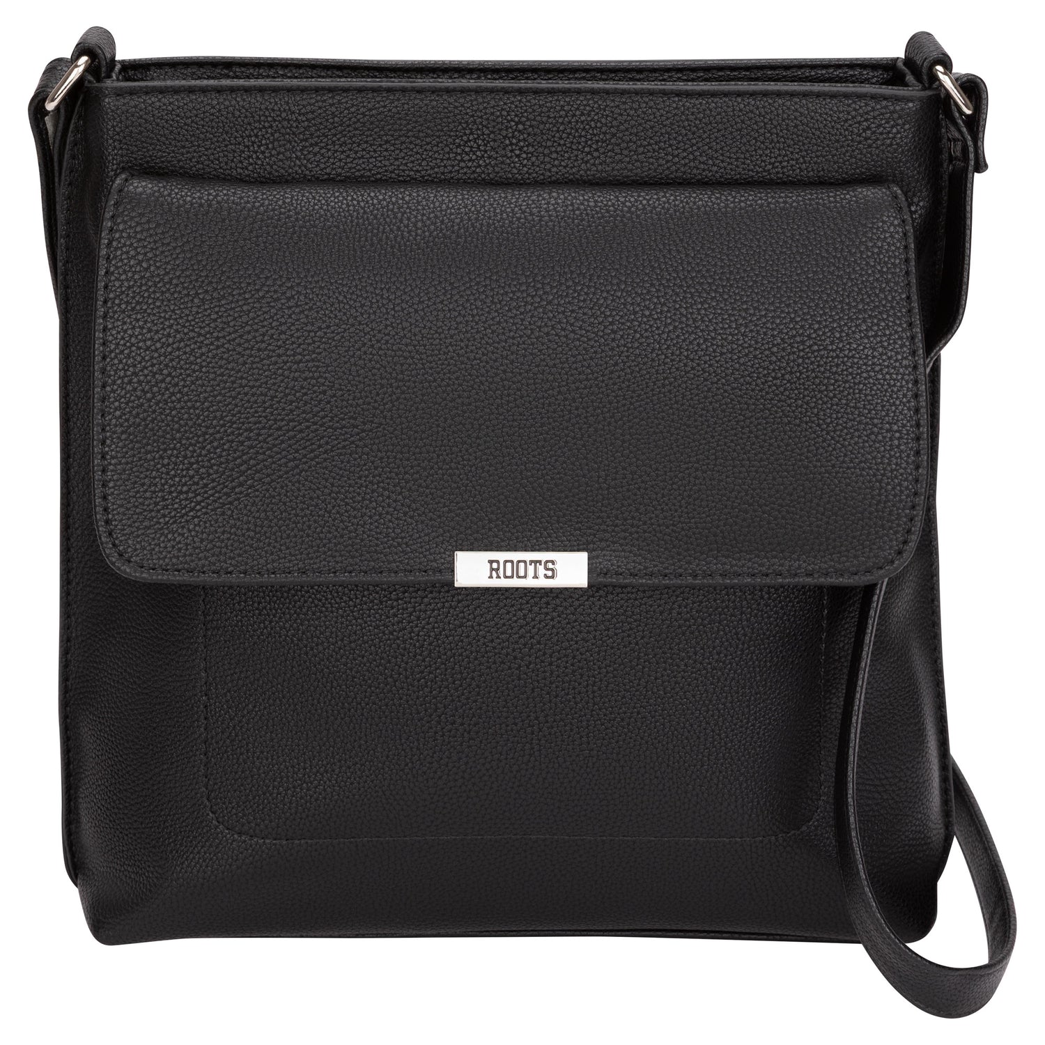 Roots Faux Leather Crossbody Bag: black, flap closure, adjustable strap, small Roots metal logo.
