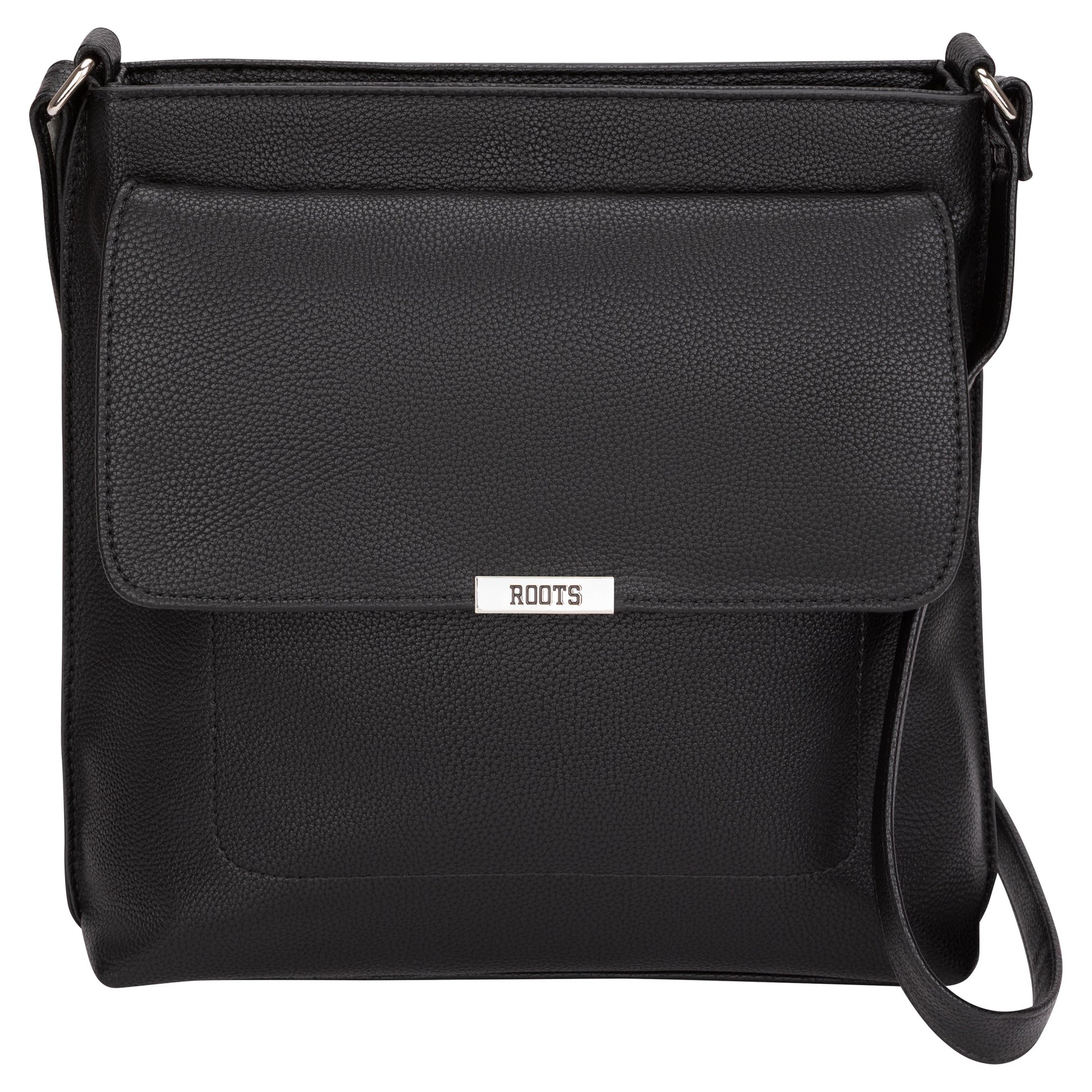 Roots Faux Leather Crossbody Bag: black, flap closure, adjustable strap, small Roots metal logo.