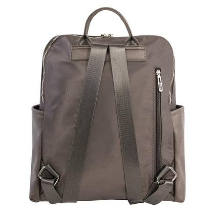 Durable gray Roots Backpack with removable front pouch, two straps, side pockets, and zippered back pocket.
