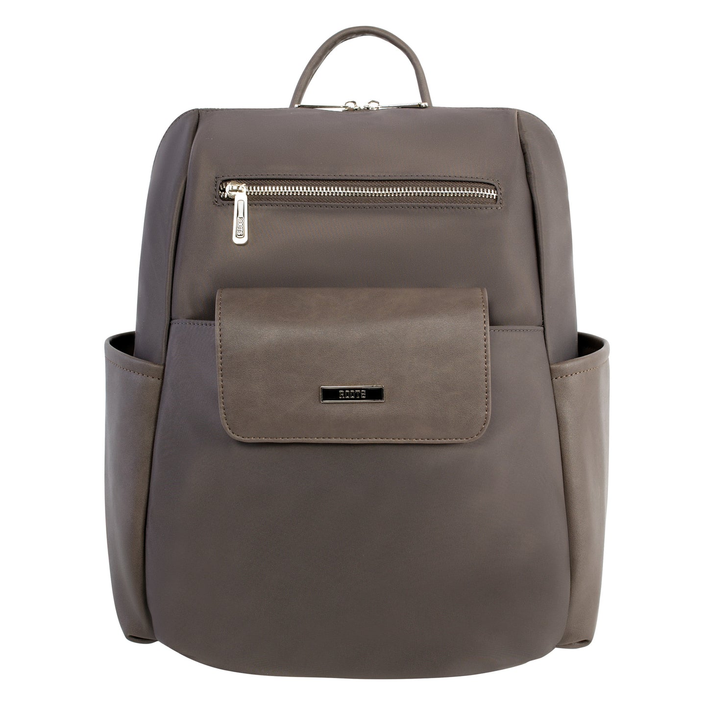 Roots Backpack with Removable Front Pouch in taupe leather, featuring side pockets and a carrying handle.