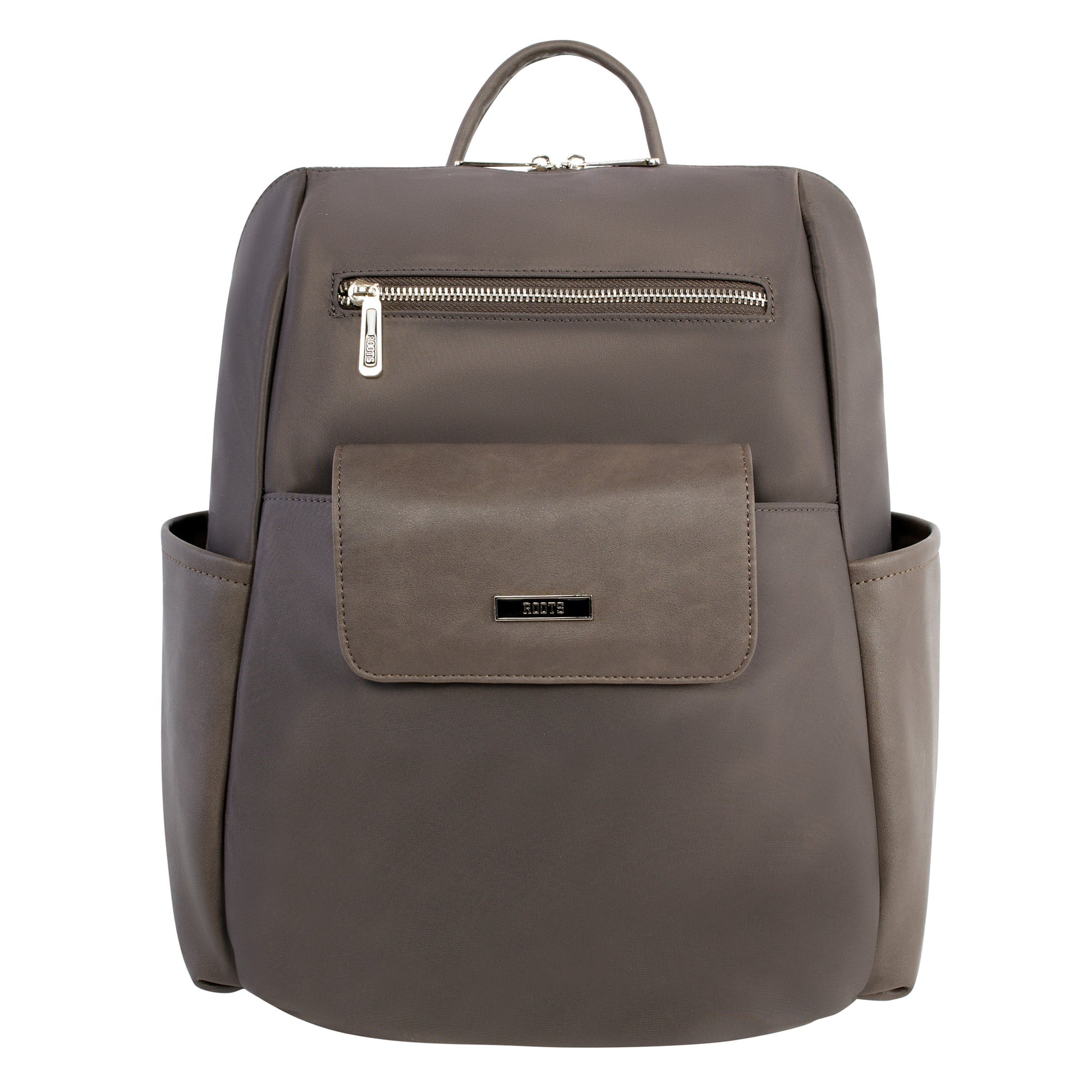 Roots Backpack with Removable Front Pouch in taupe leather, featuring side pockets and a carrying handle.